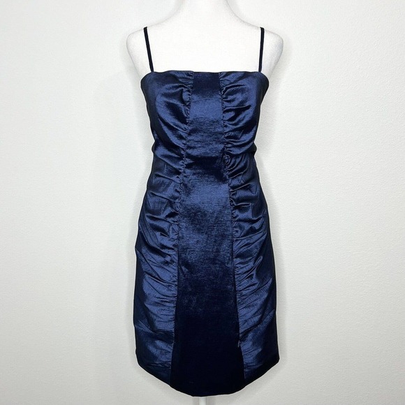 Calvin Klein Metallic Blue Taffeta Sleeveless Ruched Cocktail Party Dress Sz 10 - Picture 1 of 12
